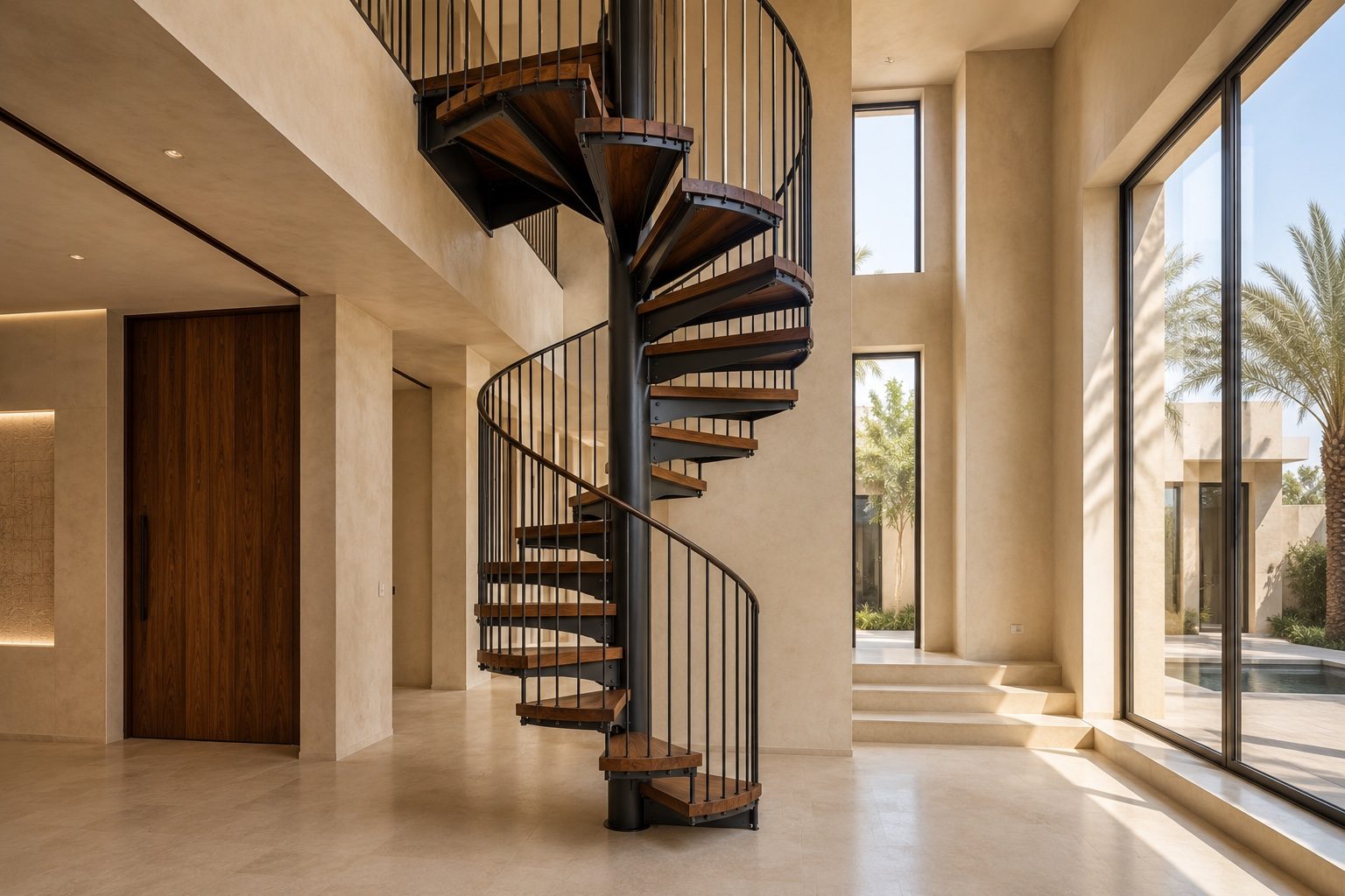 Spiral staircase in a luxury villa interior