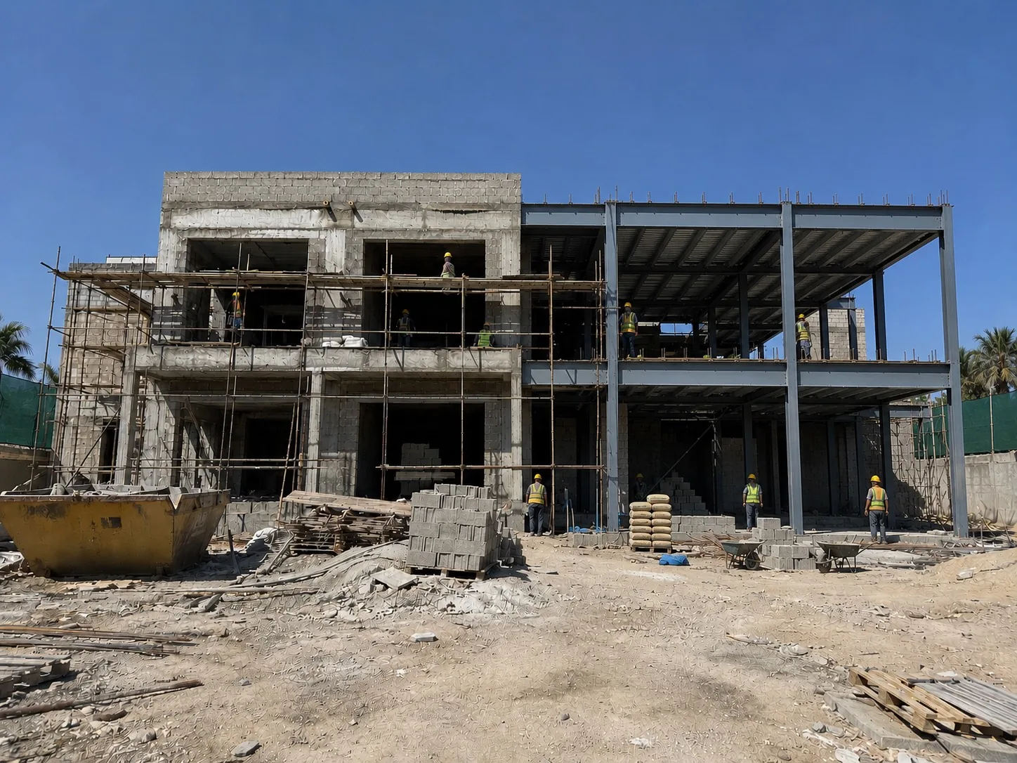 Steel-frame second-floor villa extension under construction in Dubai