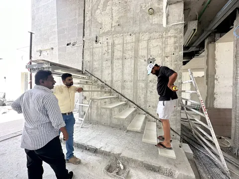 Steel beam strengthening detail in workshop