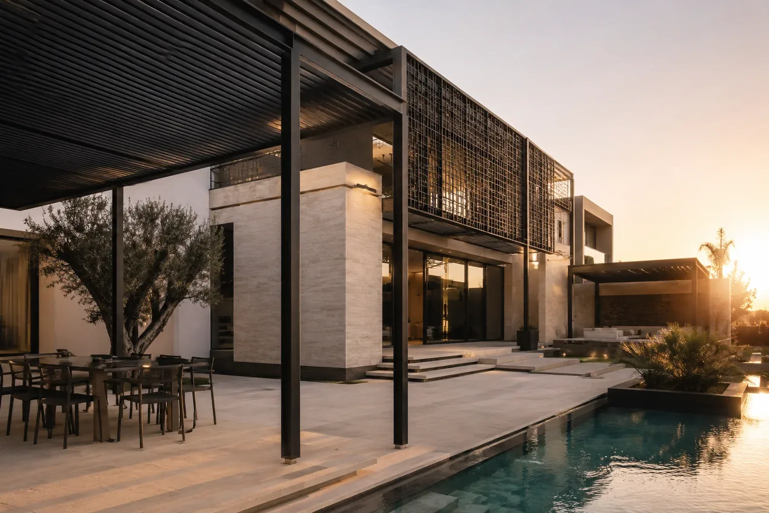 Pergola and reflective pool at sunset